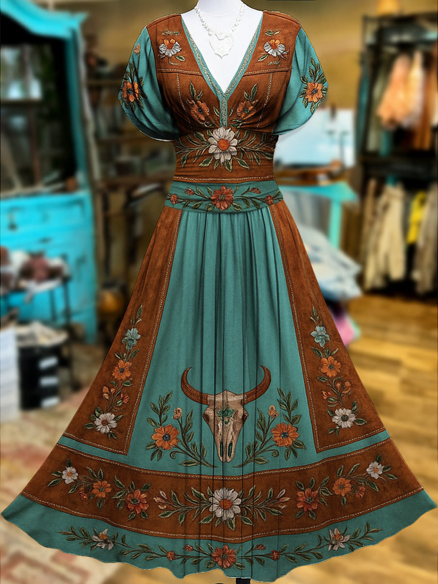Retro Suede Floral Carved Art Printed Elegant V-Neck Vintage Batwing Short Sleeve Maxi Dress
