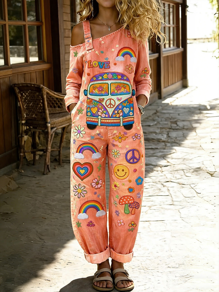 Women's Retro Hippy Floral Art Print Washed Cotton Denim Patchwork Jumpsuit
