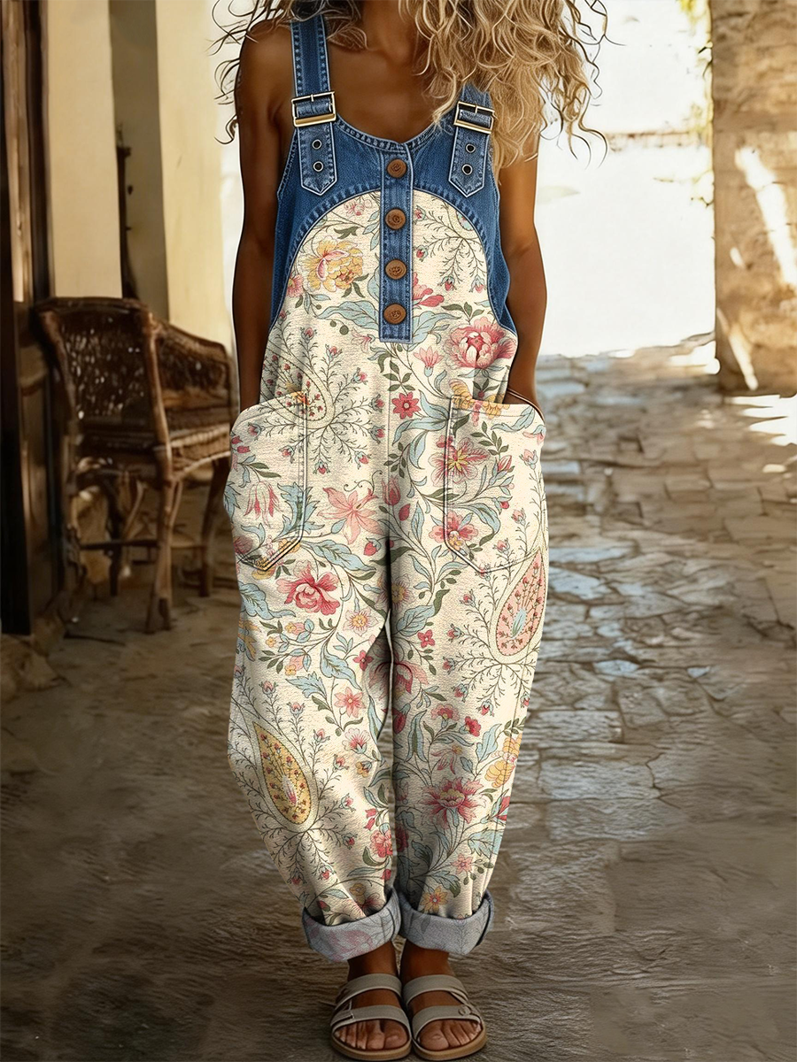 Women's Retro Bohemian Floral Art Print Casual Denim Patchwork Jumpsuit