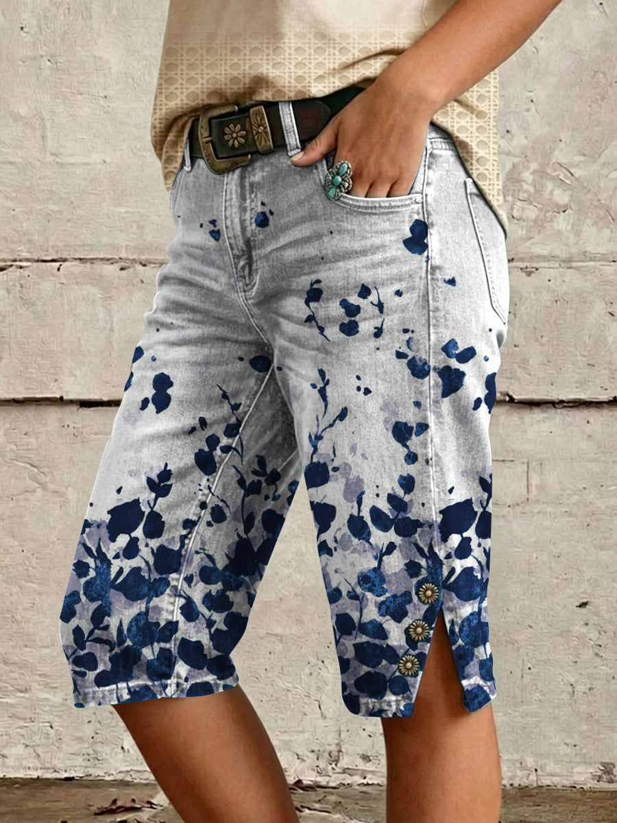 Retro Style Floral Print Vintage Casual Denim Shorts