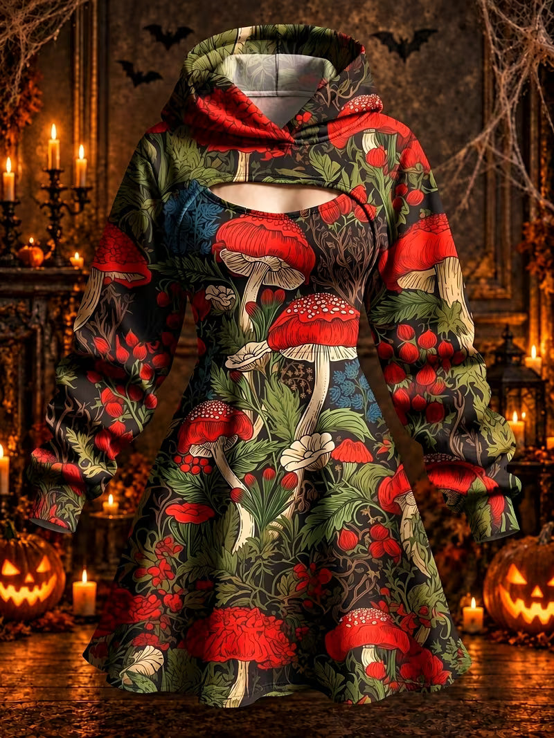 Women's Gothic Art Print Long Sleeve Hooded Shrug Cami A-Line Dress Two Piece Sets