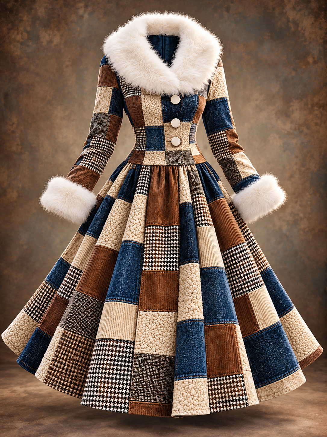 Floral Print Vintage Elegant Fur Collar Long Sleeve Midi Dress