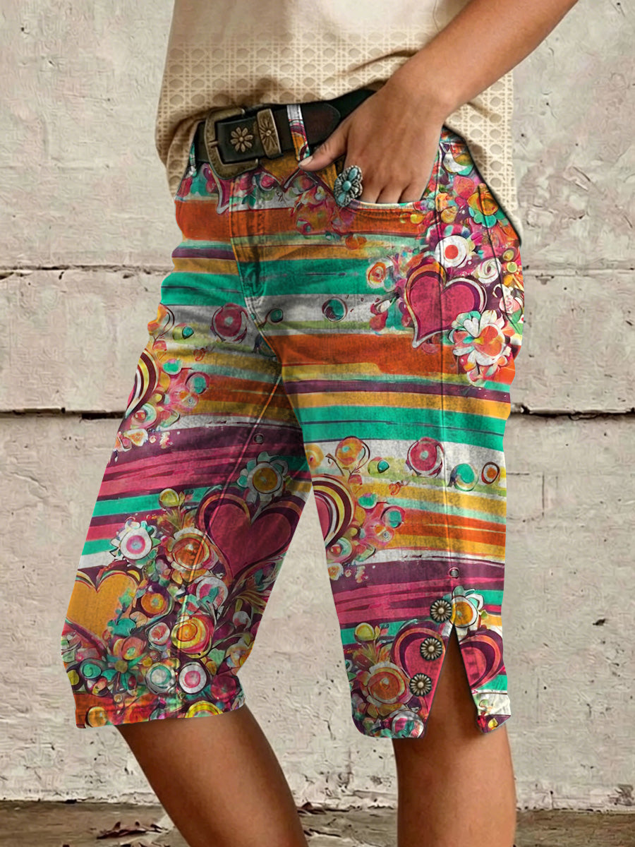 Retro Style Floral Print Vintage Casual Denim Shorts