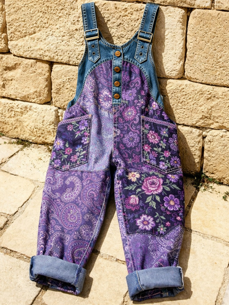 Women's Retro Floral Color-Blocked Art Print Washed Cotton Denim Patchwork Jumpsuit