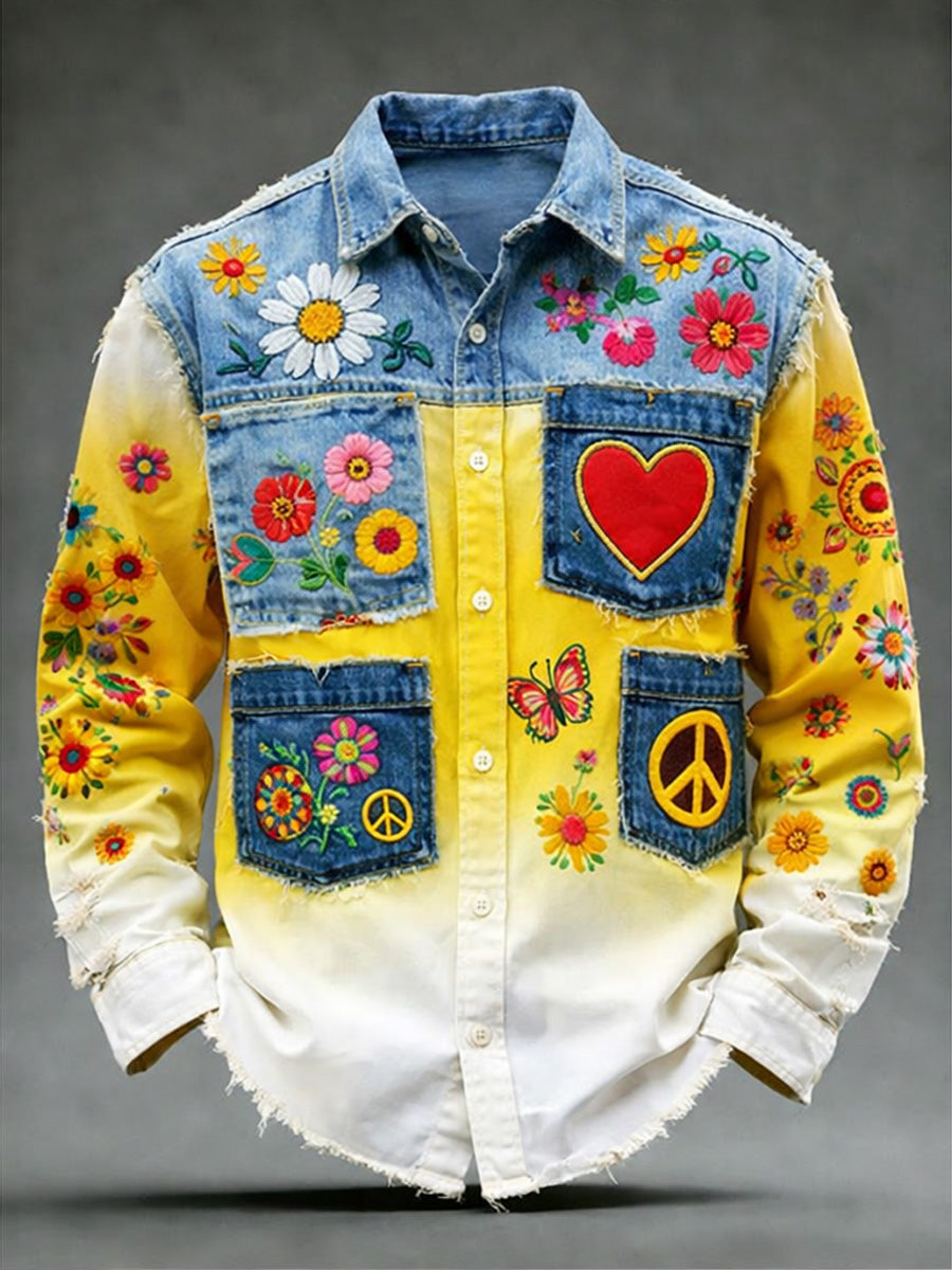 Men's Hippie Art Print Cotton Vintage Casual Cotton Long Sleeve Shirt