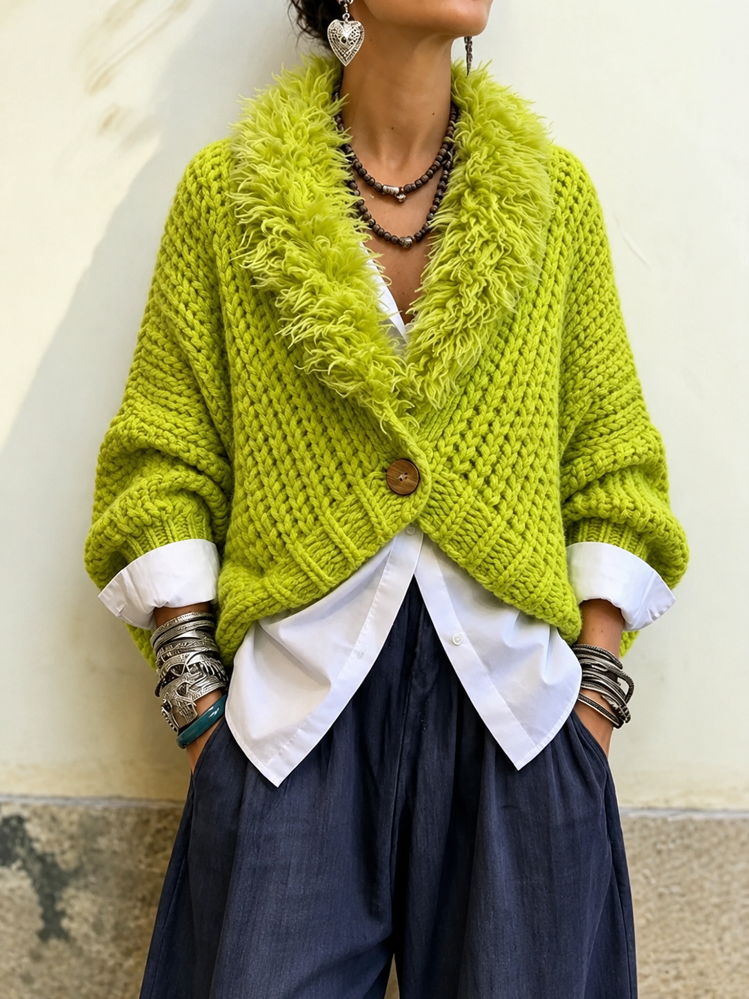 Women's Faux Fur Collar Chunky Knit Cardigan