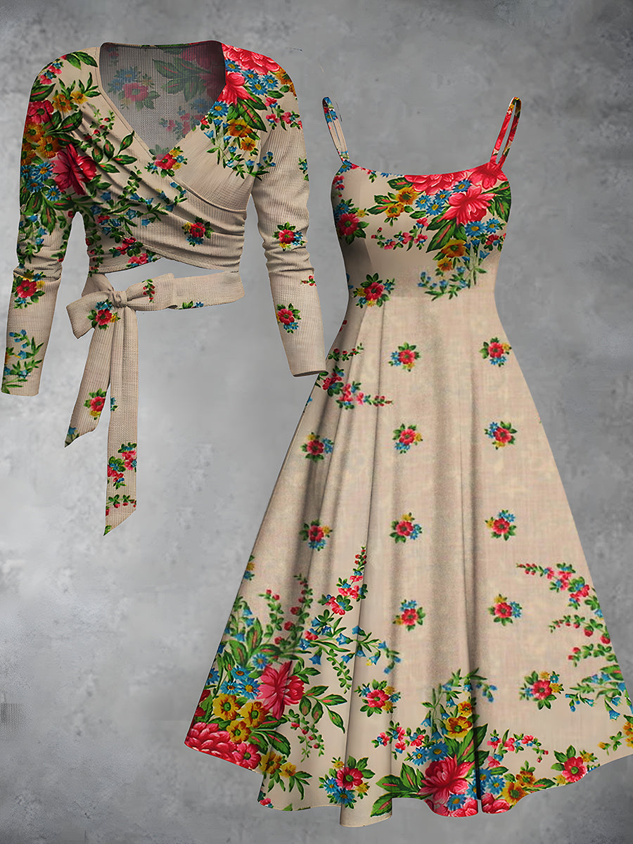 Retro Floral Art Printed Vintage Unique Slim Fit Cross Wrap Long Sleeve Two-Piece Midi Dress