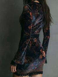 Retro Western Boho Art V-Neck Vintage Suede Velvet Lace Patchwork Long Sleeve Midi Dress