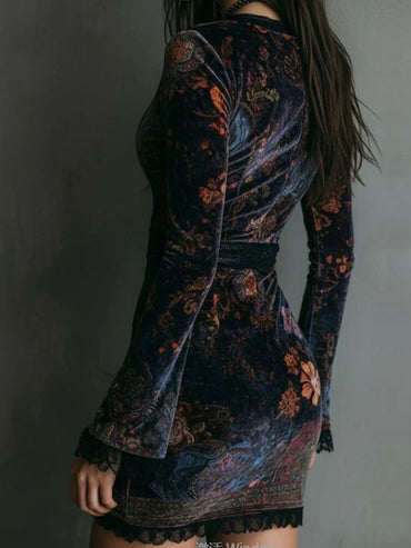 Retro Western Boho Art V-Neck Vintage Suede Velvet Lace Patchwork Long Sleeve Midi Dress