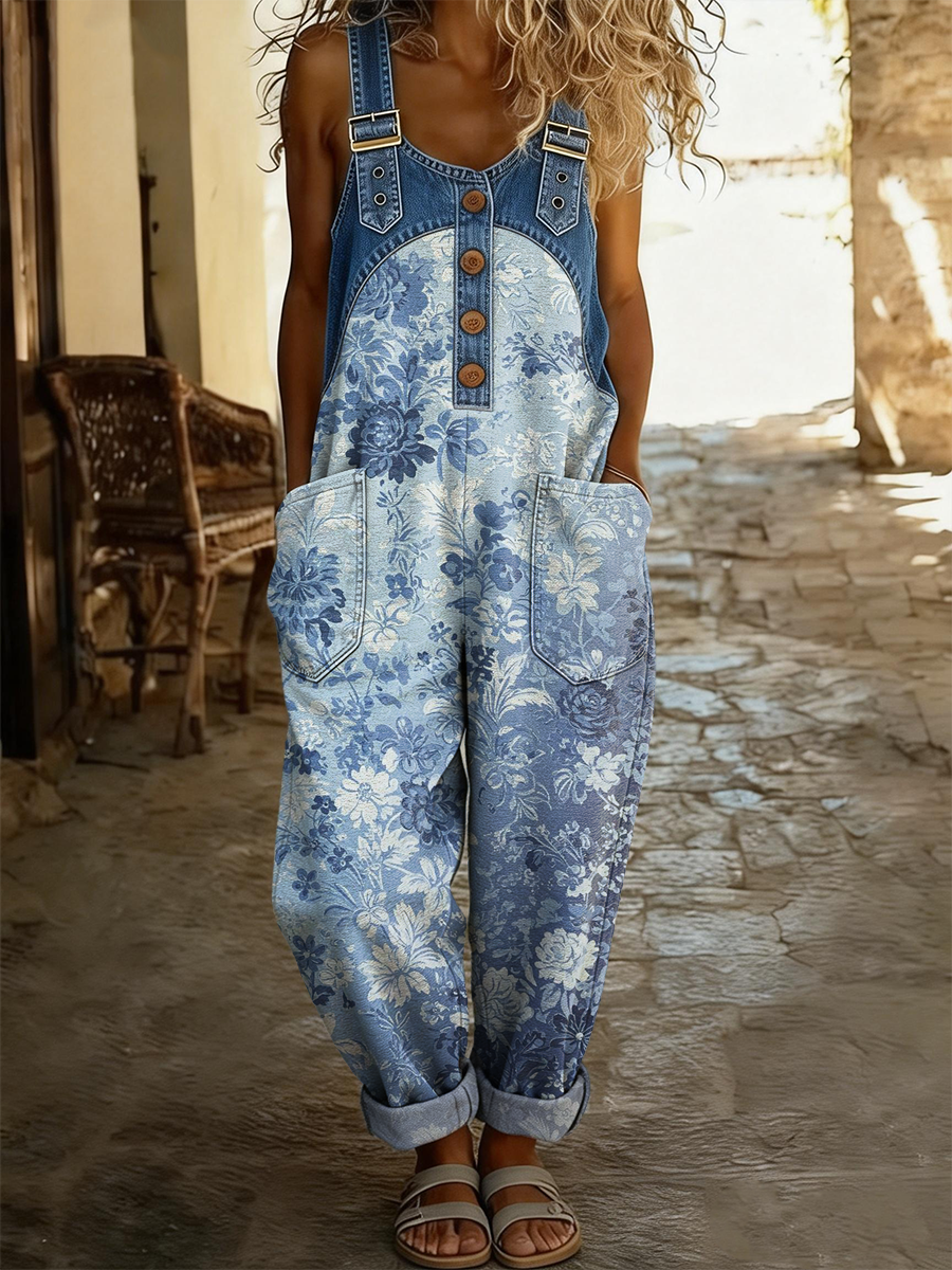 Women's Retro Floral Gradient Art Print Casual Sleeveless Denim Patchwork Jumpsuit