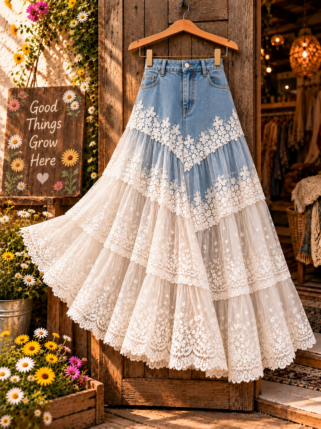 Women's Vintage Denim Patchwork Tiered Lace Midi Skirt