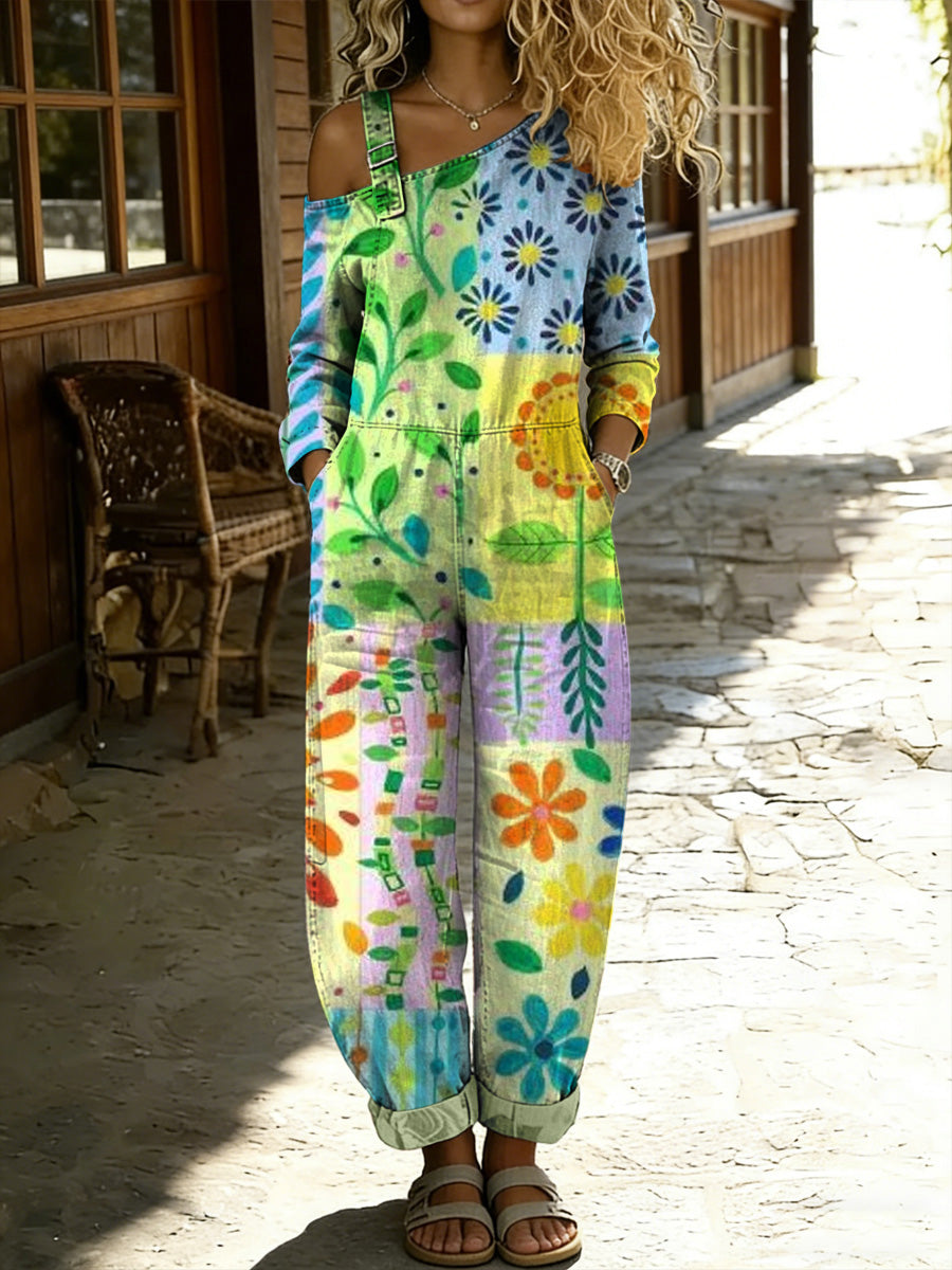 Women's Retro Style Floral Art Print Washed Cotton Denim Patchwork Jumpsuit