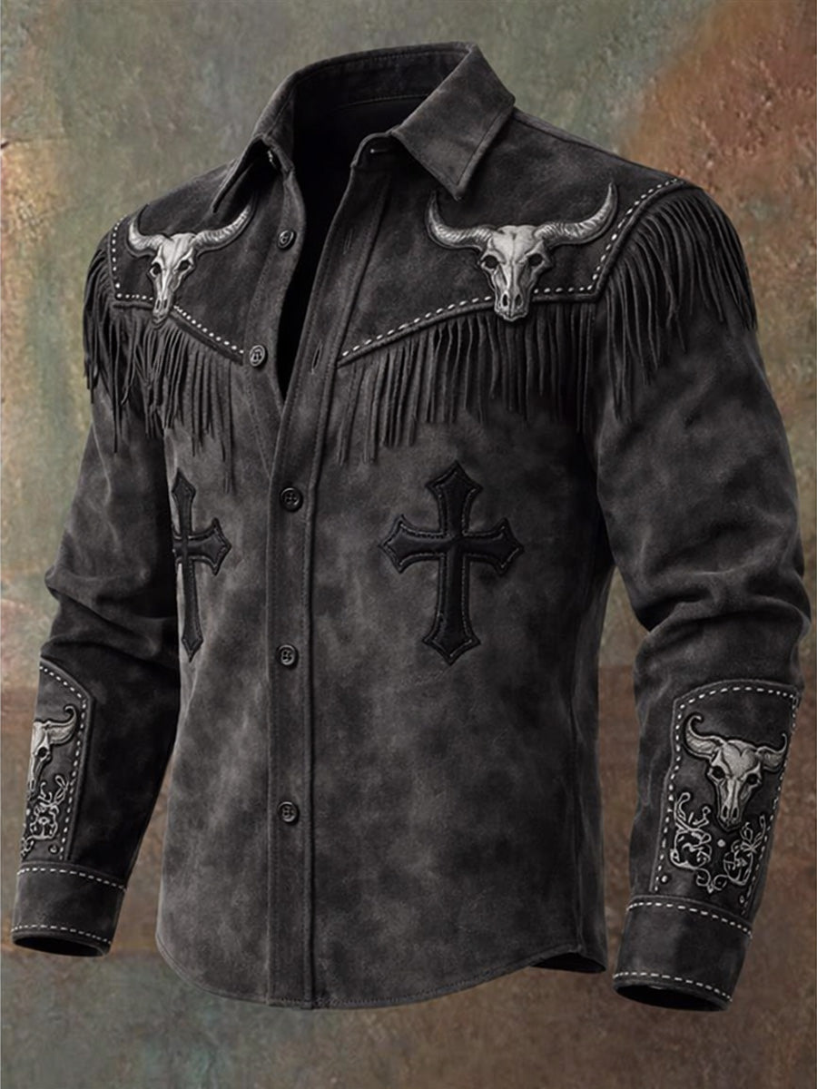 Western Style Art Print Vintage Long Sleeve Fringe Shirt