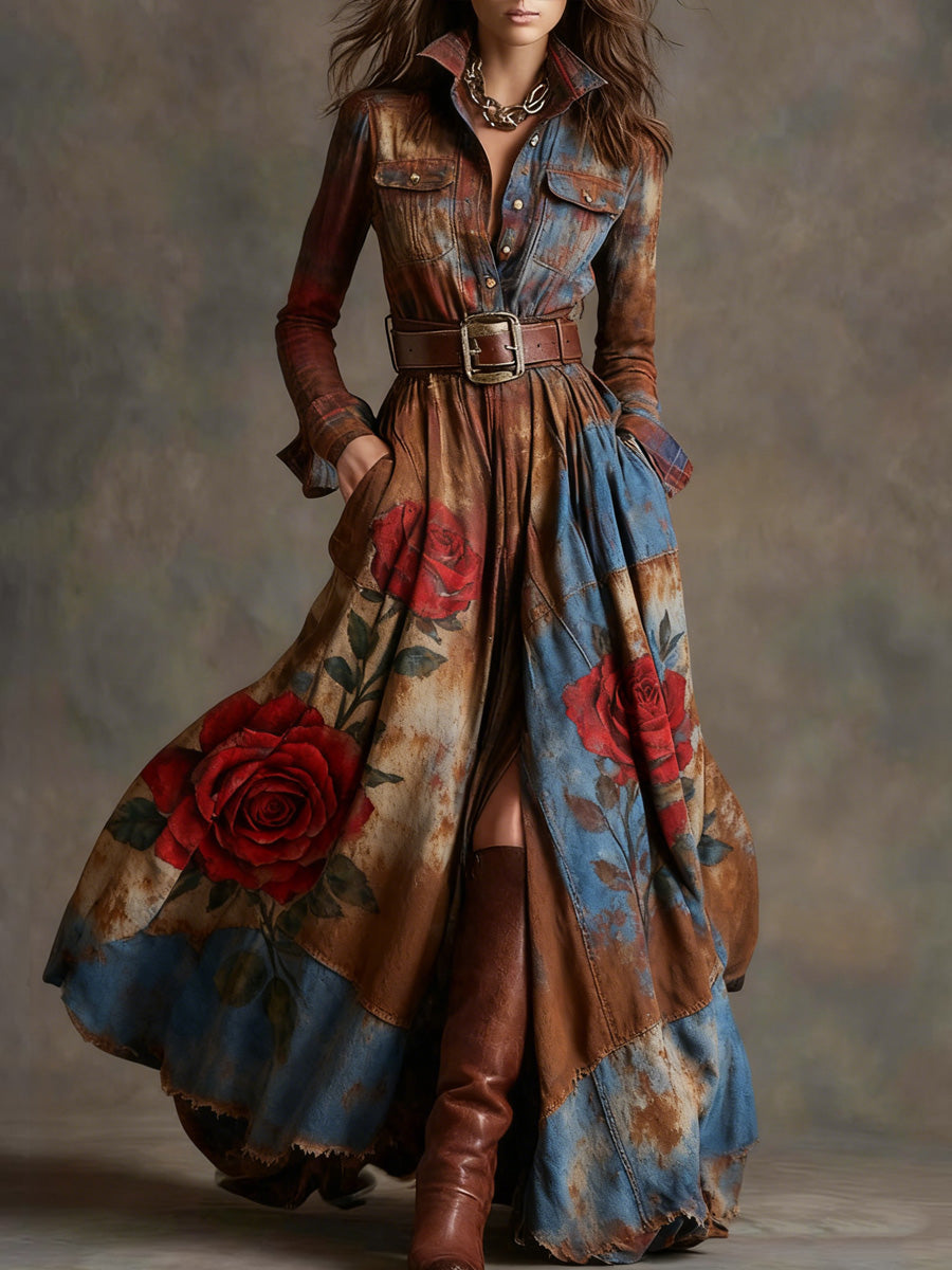 Retro Floral Art Texture Printed V-Neck Vintage Pocket-Style Long Sleeve Maxi Dress