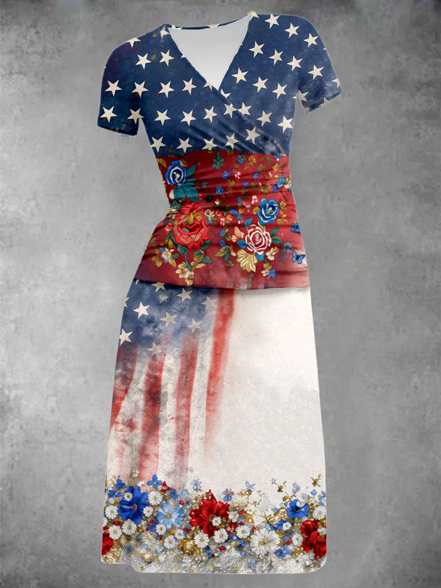 Retro Patriotic Flowers Art Printed Vintage V-Neck Pleated Waist Short Sleeve Midi Dress