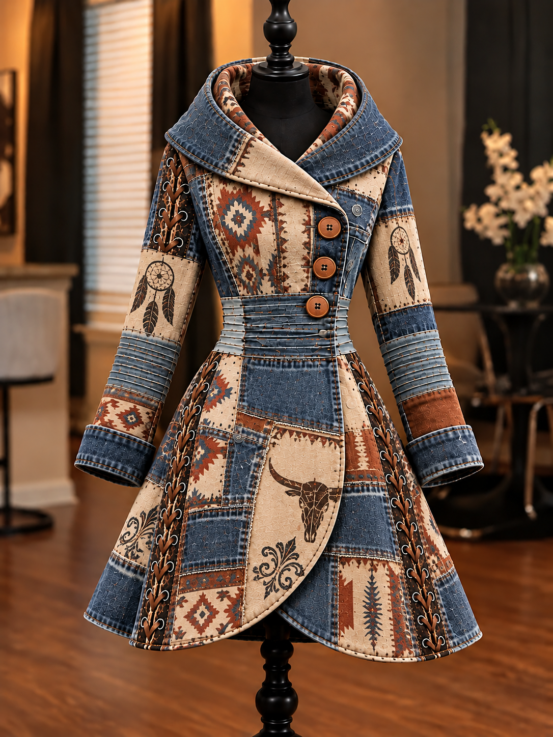Women's Vintage Colorblock Asymmetrical Flared Coat