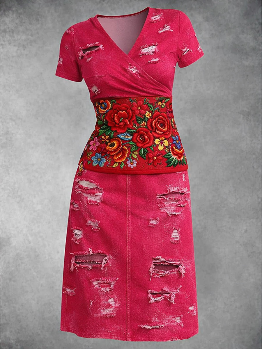 Retro Denim Rose Art Printed Vintage V-Neck Pleated Waist Short Sleeve Midi Dress