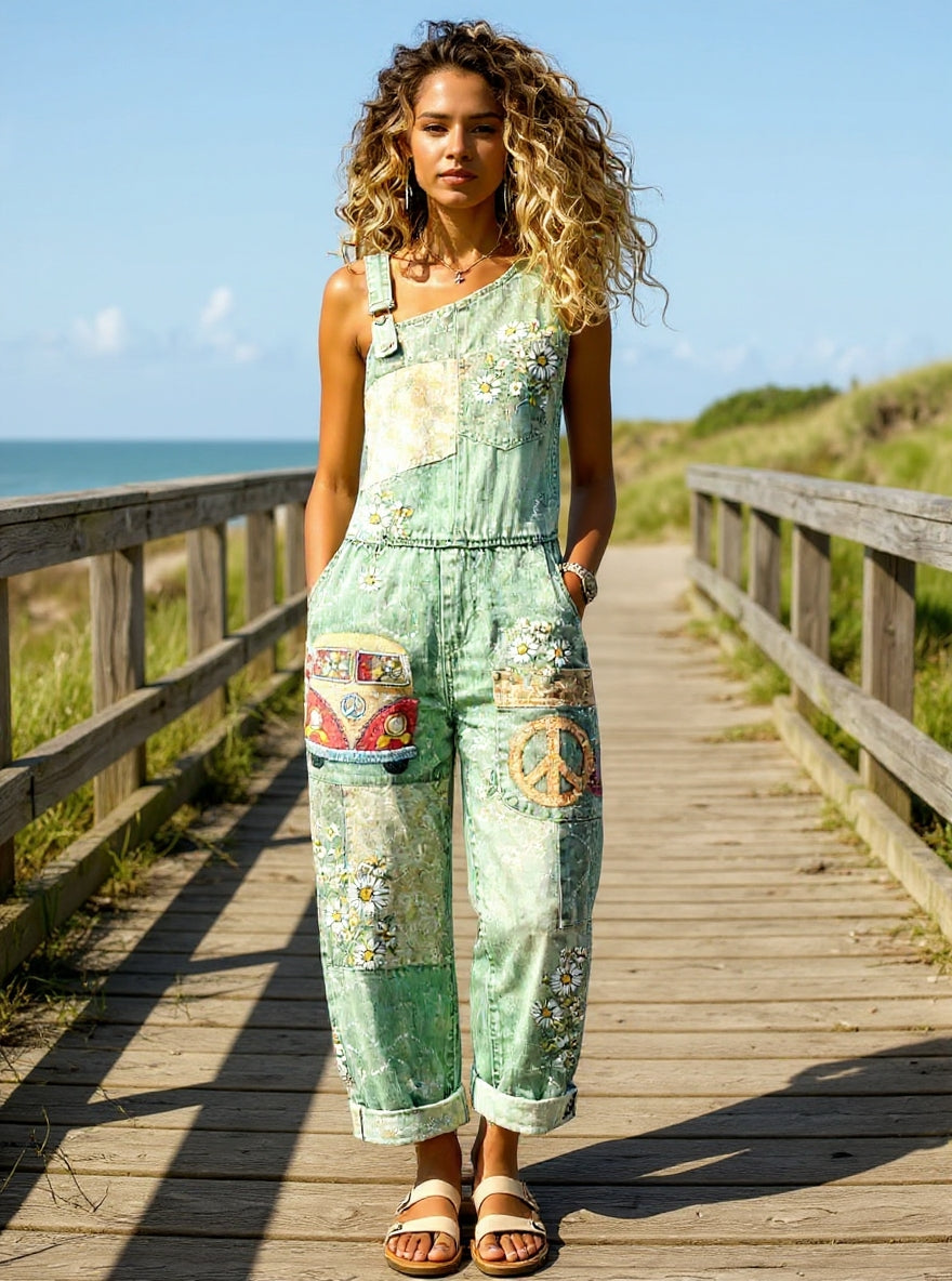 Women's Retro Style Floral Art Print Washed Cotton Denim Patchwork Sleeveless Jumpsuit