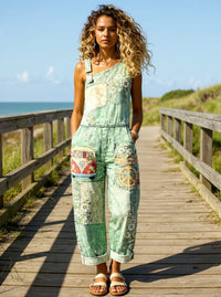 Women's Retro Style Floral Art Print Washed Cotton Denim Patchwork Sleeveless Jumpsuit