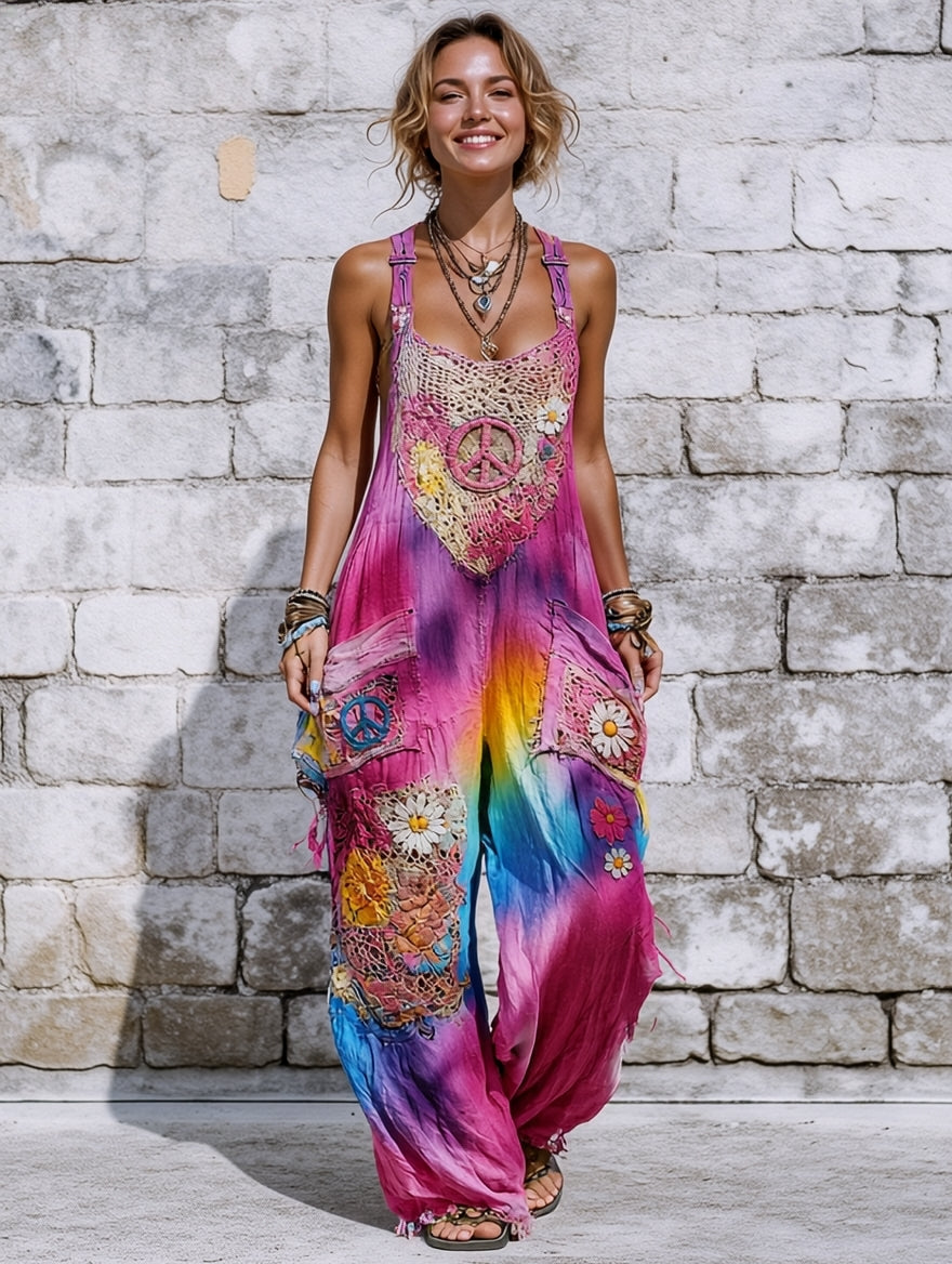Women's Retro Style Art Print Washed Cotton Denim Patchwork Jumpsuit