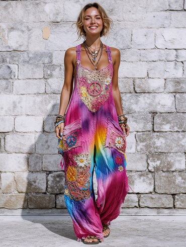 Women's Retro Style Art Print Washed Cotton Denim Patchwork Jumpsuit