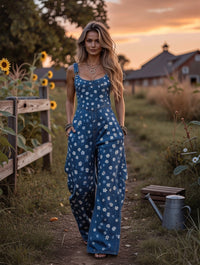 Women's Retro Style Art Print Washed Cotton Denim Patchwork Jumpsuit