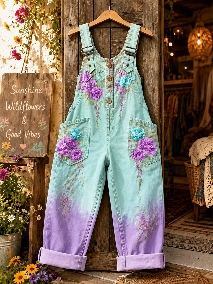 Women's Retro Style Art Print Washed Cotton Denim Patchwork Jumpsuit