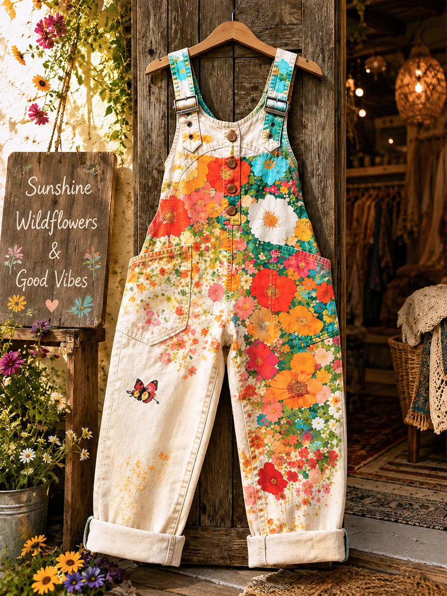 Women's Retro Style Art Print Washed Cotton Denim Patchwork Jumpsuit