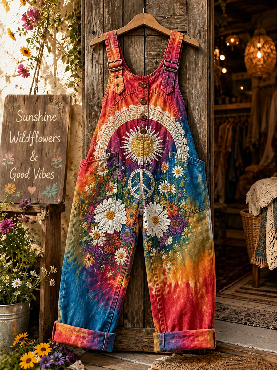 Women's Retro Style Art Print Washed Cotton Denim Patchwork Jumpsuit