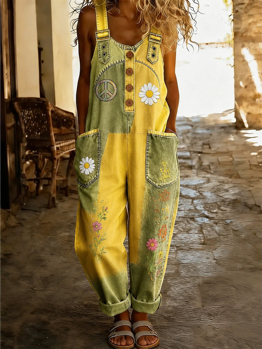 Women's Retro Style Art Print Washed Cotton Denim Patchwork Jumpsuit