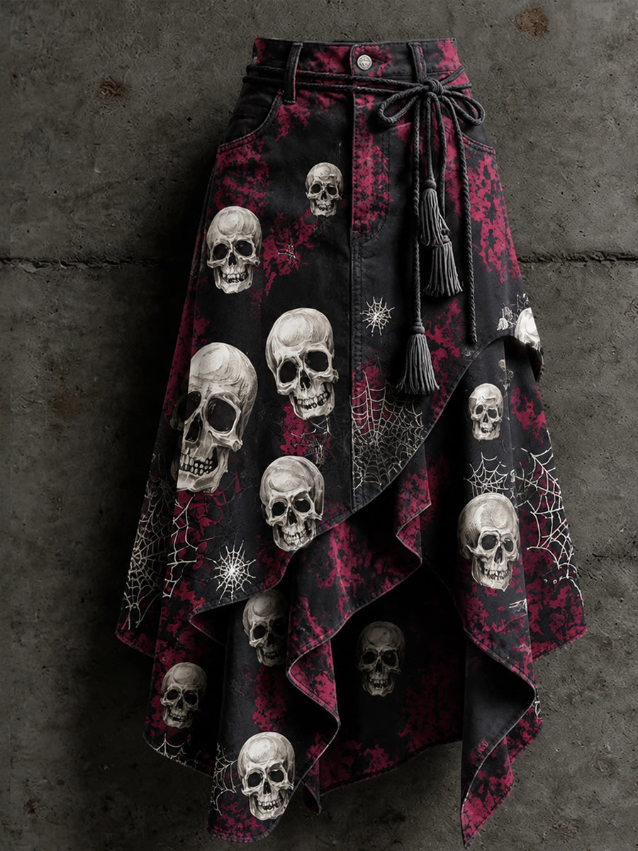 Women's Retro Style Art Print Irregularly Layered Stitched Skirt