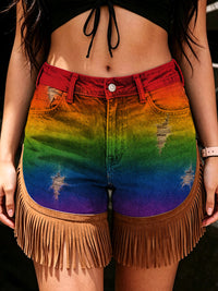 Women's Retro Style Art Print Casual Leather Fringe Patchwork Pocket Shorts