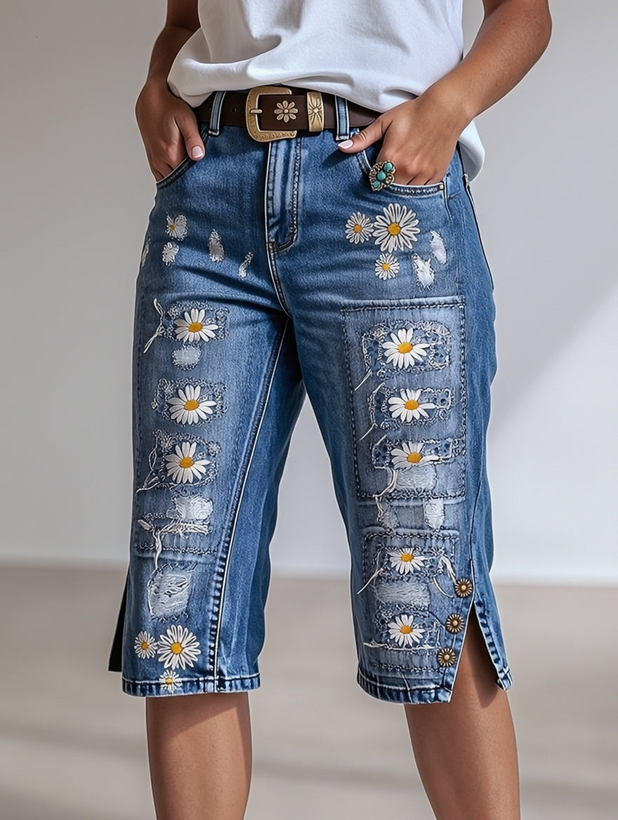 Retro Style Floral Art Print Vintage Casual Denim Shorts