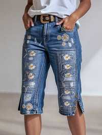 Retro Style Floral Art Print Vintage Casual Denim Shorts