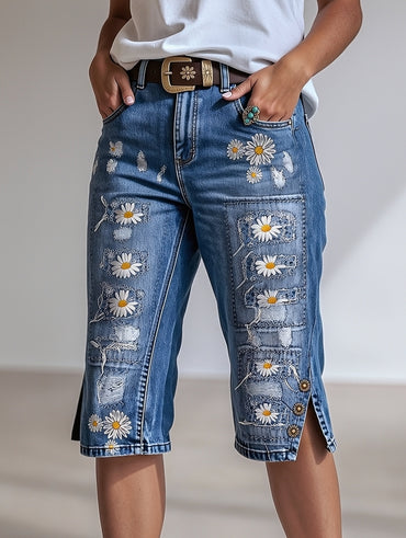 Retro Style Floral Art Print Vintage Casual Denim Shorts
