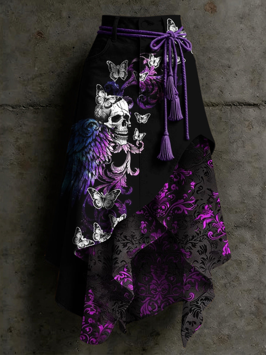 Women's Retro Style Art Print Irregularly Layered Stitched Skirt