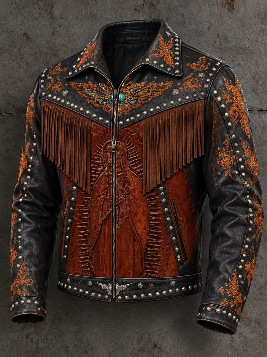 Men's Retro Style Art Print Western Vintage Tassel Casual Zipper Jacket
