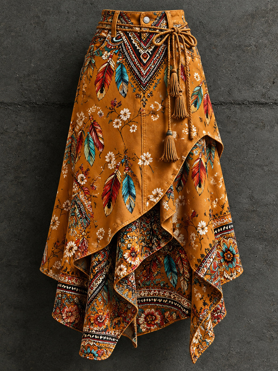 Women's Retro Style Art Print Irregularly Layered Stitched Skirt