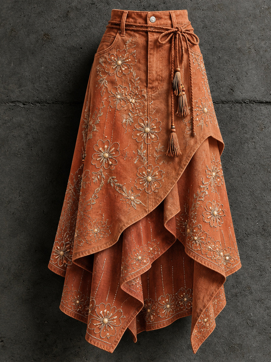 Women's Retro Style Art Print Irregularly Layered Stitched Skirt