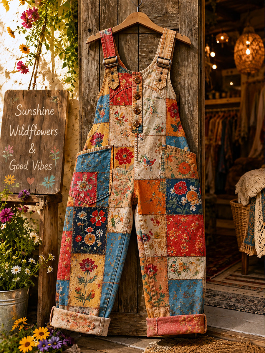 Women's Retro Style Art Print Washed Cotton Denim Patchwork Jumpsuit