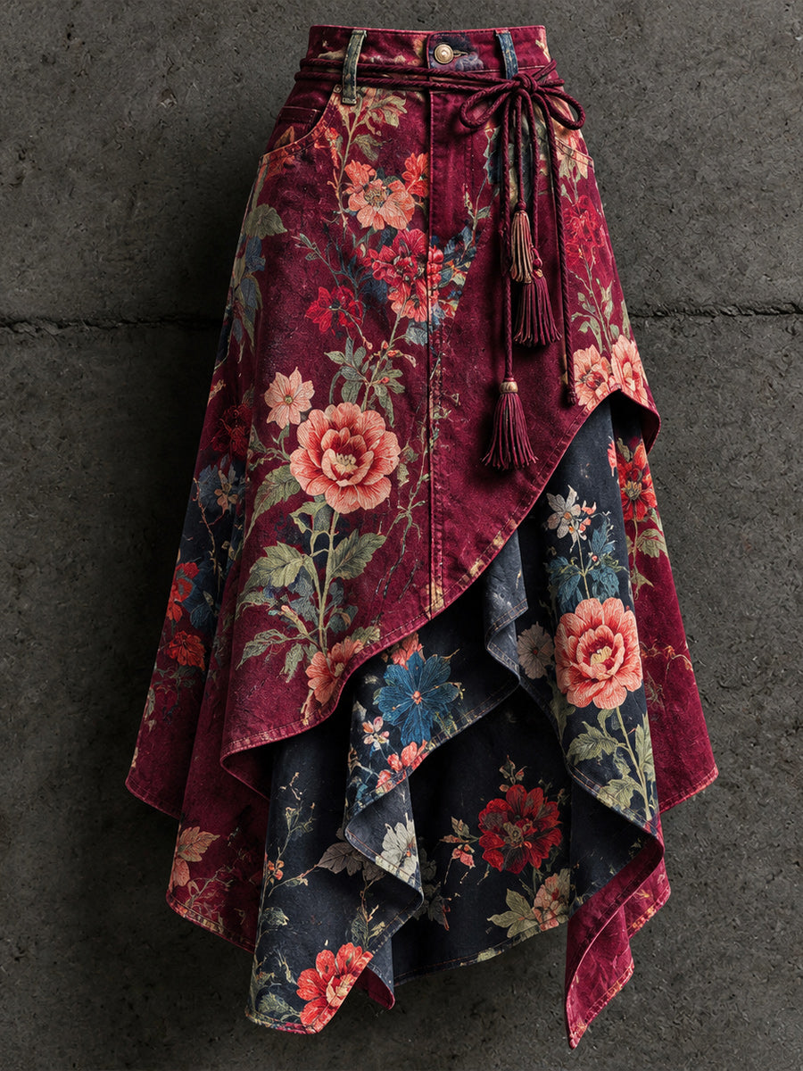 Women's Retro Style Art Print Irregularly Layered Stitched Skirt