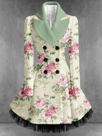 Retro Artistic Floral Print Vintage Elegance Lapel Button Up Long Sleeve Coat Dress