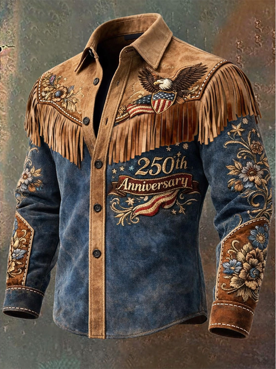 Men's Retro Western Style Art Print Vintage Tassel Casual Long Sleeve Shirt