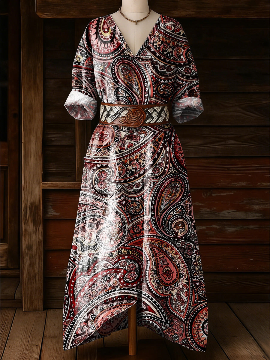 Women's Retro Floral Art Print Casual Vintage V-Neck Pocket Long-Sleeve Maxi Dress