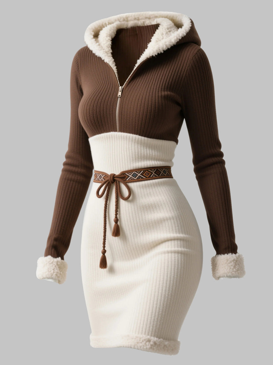 Women's Retro Contrasting Ethnic Style Half-Zip Hooded Bodycon Dress