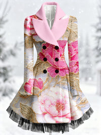 Retro Artistic Floral Print Vintage Elegance Lapel Button Up Long Sleeve Coat Dress