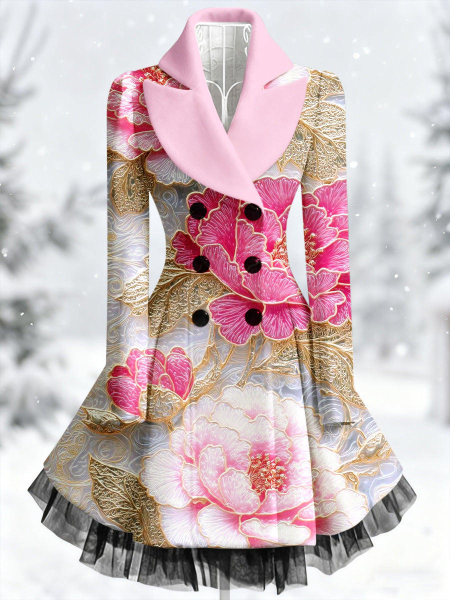 Retro Artistic Floral Print Vintage Elegance Lapel Button Up Long Sleeve Coat Dress