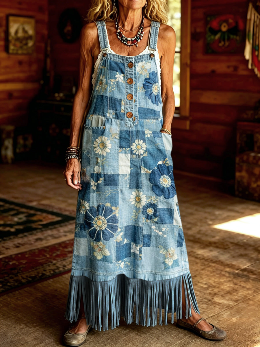 Women's Retro Style Floral Art Print Washed Denim Strap Tassel Maxi Dress