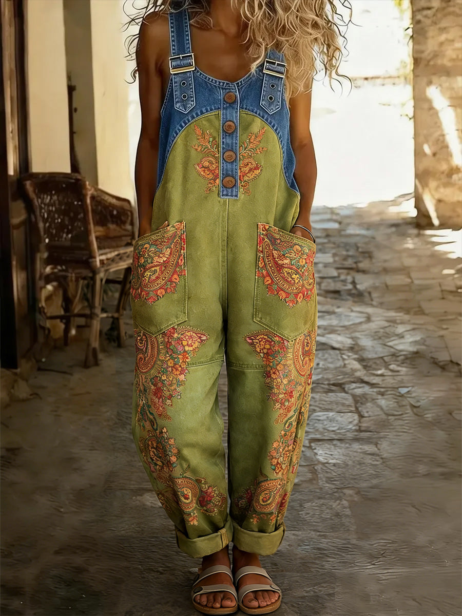 Women's Floral Art Print Washed Cotton Denim Patchwork Jumpsuit