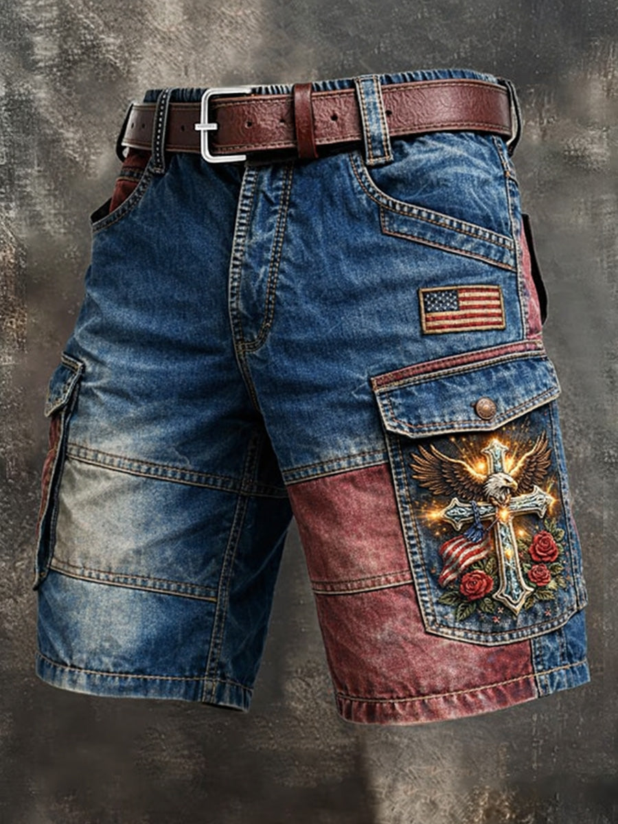 Men's Retro Style USA Flag Art Print Casual Loose Pocket Work Shorts